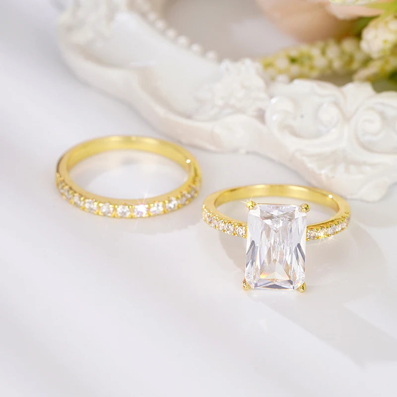 Huitan Cubic Zirconia Rectangular Ring Set for Women – Luxury Engagement Wedding Band, Trendy Bridal Jewelry - Floq & Raman