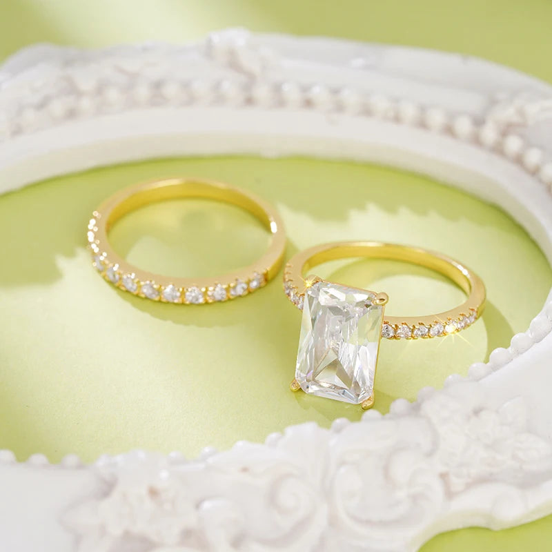 Huitan Cubic Zirconia Rectangular Ring Set for Women – Luxury Engagement Wedding Band, Trendy Bridal Jewelry - Floq & Raman