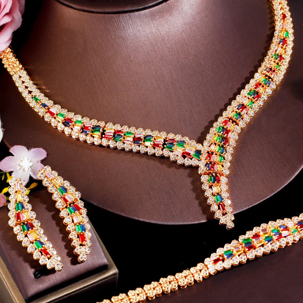 Luxury 4pcs MulLuxury 4Pcs Multicolor Cubic Zirconia African Dubai Bridal Jewelry Set | Gold Plated Wedding Necklace, Earrings, Ring & Bracele - Floq & Raman
