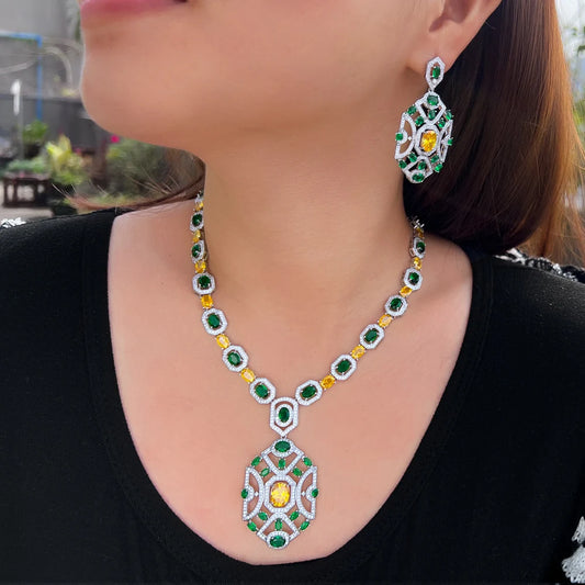 Luxury Chunky Zircon Necklace & Earring Set – Green & Yellow Statement Jewelry for Wedding or Banquet - Floq & Raman