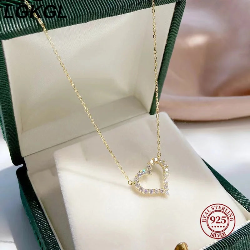 925 Sterling Silver Full Zircon Hollow Heart Pendant Necklaces for Women Party Cute Fine Jewelry Minimalist Accessories - Floq & Raman