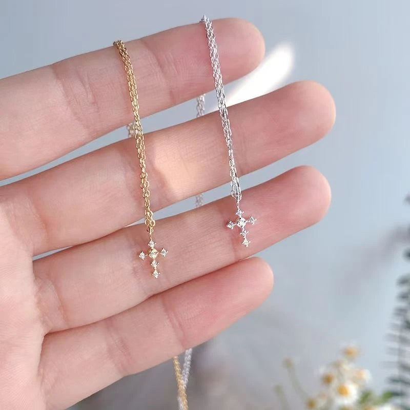 Real 925 Sterling Silver Zircon Cross Pendant Necklaces for Women Minimalist Light Luxury Fine Jewelry Korea Cute Accessor - Floq & Raman