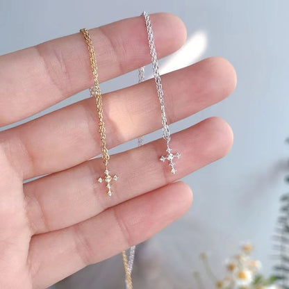 Real 925 Sterling Silver Zircon Cross Pendant Necklaces for Women Minimalist Light Luxury Fine Jewelry Korea Cute Accessor - Floq & Raman