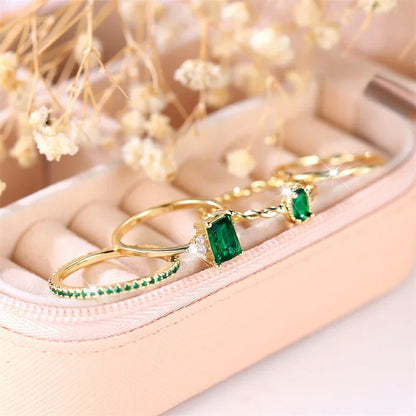 Luxury 4-Piece Green Zircon Stone Ring Set for Women | Trendy Yellow Gold Engagement & Wedding Rings | Elegant Bride Jewelry Gift - Floq & Raman