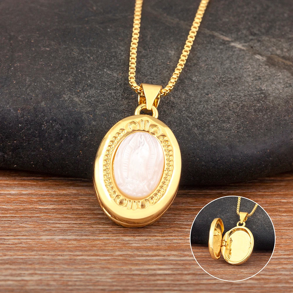 New Retro Oval/Round Shape Religious Style Zircon Flip Pendant Necklace For Female Male Lovers Photos Jewelry Accessories - Floq & Raman