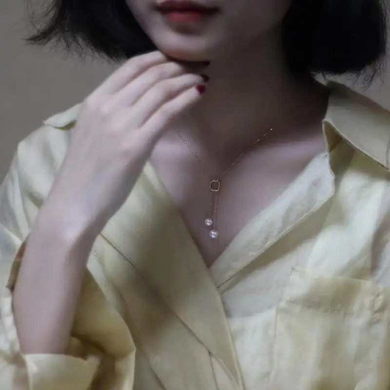 Japanese S925 Sterling Silver Double Pearl Necklace Y-shaped Long Tassel Premium Light Fashion Sweater Chain - Floq & Raman