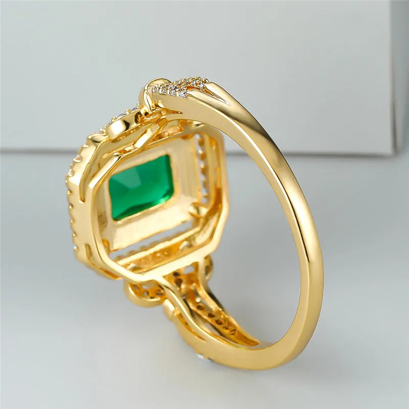 Luxury Green Zircon Square Stone Ring for Women | Classic Gold Color Engagement & Wedding Band | Minimalist Crystal Jewelry - Floq & Raman