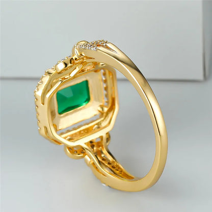 Luxury Green Zircon Square Stone Ring for Women | Classic Gold Color Engagement & Wedding Band | Minimalist Crystal Jewelry - Floq & Raman