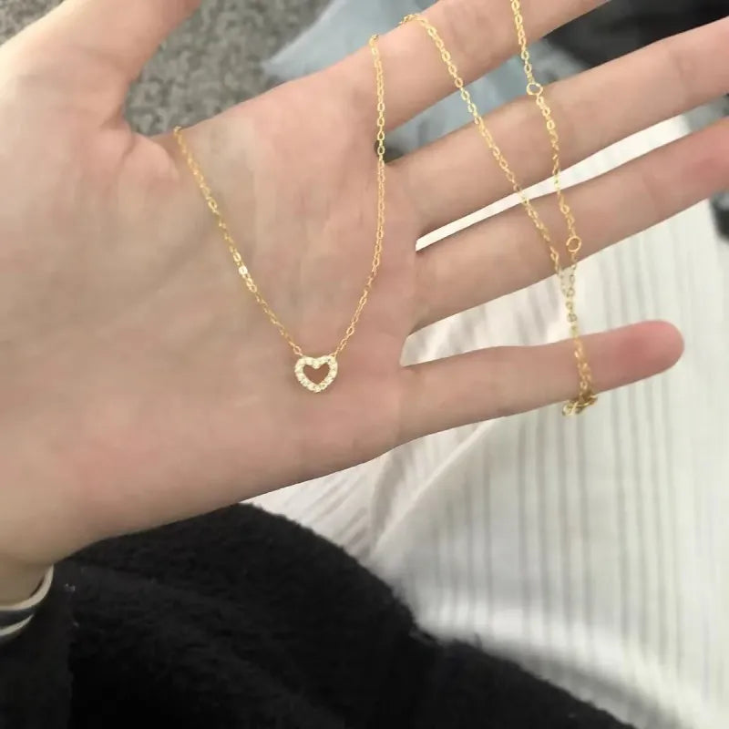 100% 925 Sterling Silver Simple Zircon Heart Pendant Clavicle Chain Necklace Women Classic Fashion 14k Gold Plating Jewelry - Floq & Raman
