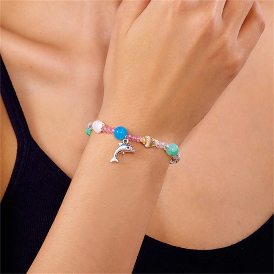 Dolphin, Starfish & Shell Pendant Bracelet – Conch Beads, Zinc Alloy, Adjustable | Summer Jewelry for Women - Floq & Raman
