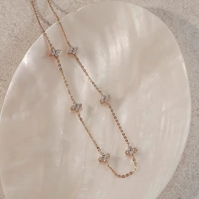 S925 Whole Body Sterling Silver Diamond Four-Leaf Clover Necklace Collarbone Chain Full Star Light Luxury Girl Gift - Floq & Raman