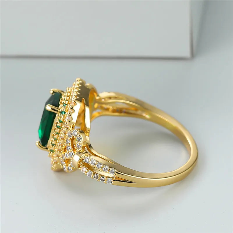 Luxury Green Zircon Square Stone Ring for Women | Classic Gold Color Engagement & Wedding Band | Minimalist Crystal Jewelry - Floq & Raman