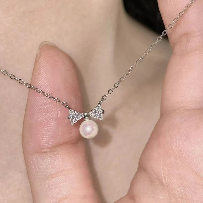 Real 925 Sterling Silver Zircon CZ Bowknot Pearl Choker Necklace for Women Cute Fine Jewelry Minimalist Accessories - Floq & Raman