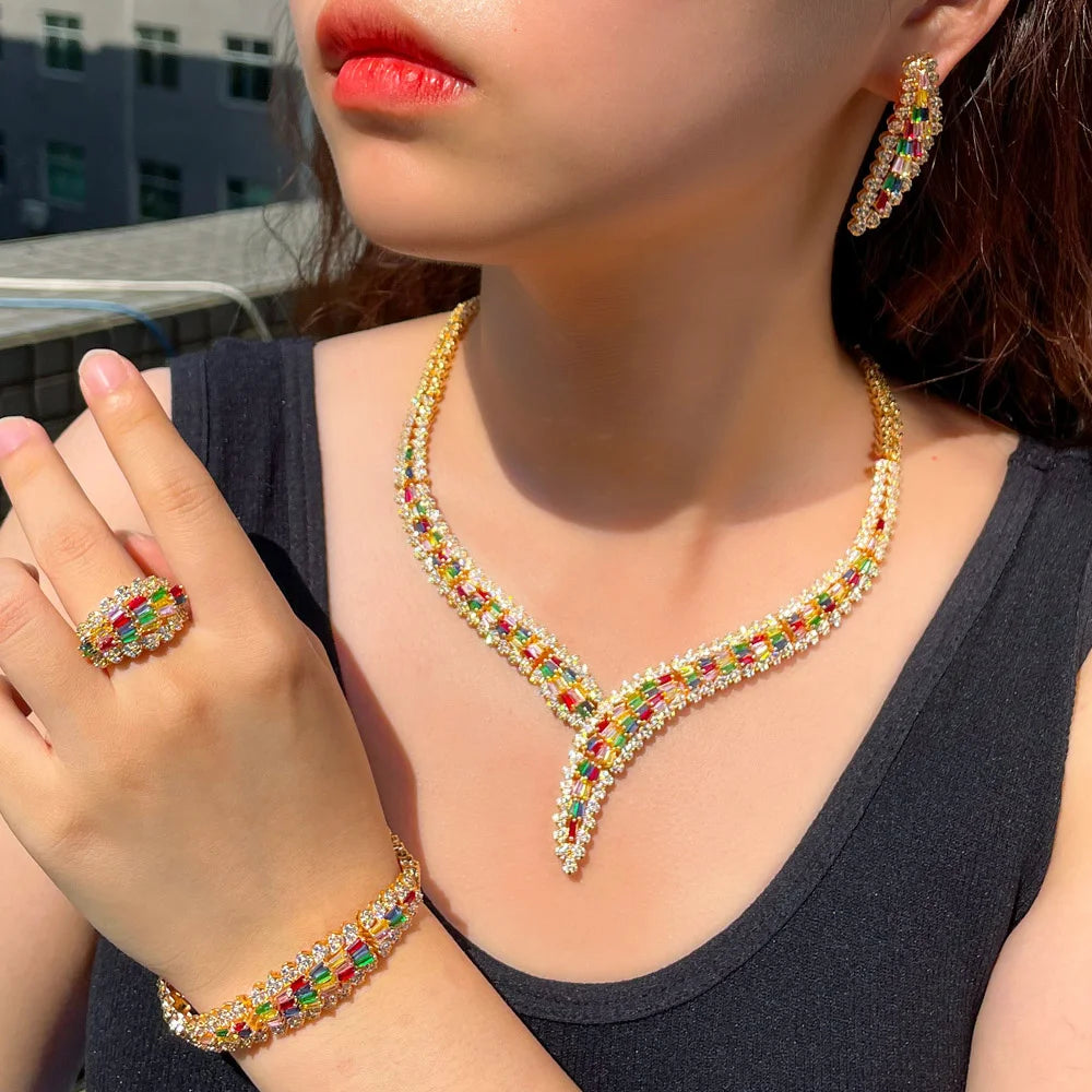 Luxury 4pcs MulLuxury 4Pcs Multicolor Cubic Zirconia African Dubai Bridal Jewelry Set | Gold Plated Wedding Necklace, Earrings, Ring & Bracele - Floq & Raman